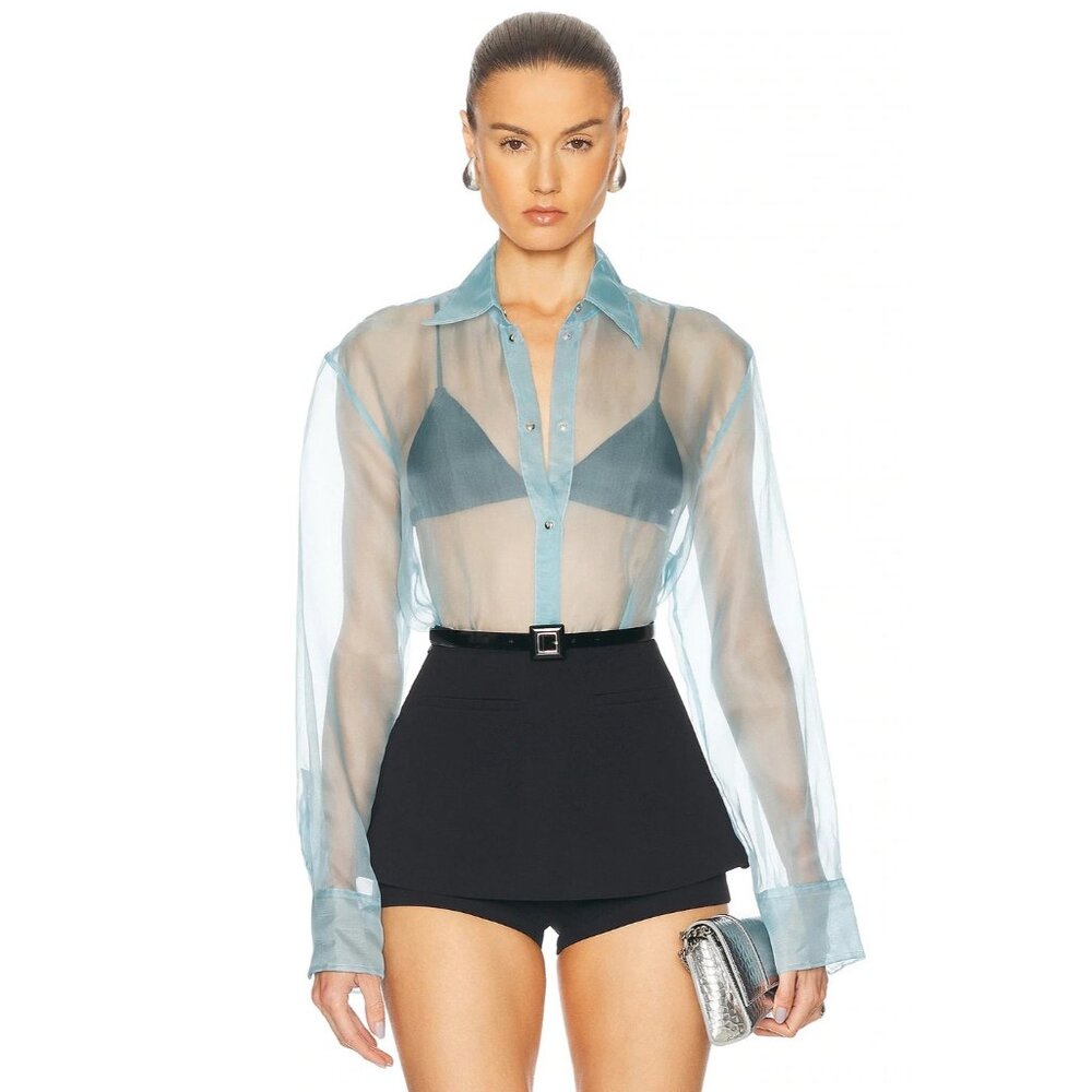 David Koma Organza Overshirt in Blue Silk Long Sleeve